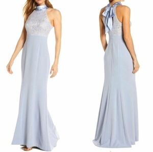 NWT Eliza J Light Blue Gray Lace & Crepe Halter Backless Maxi Gown Dress Sz. 6